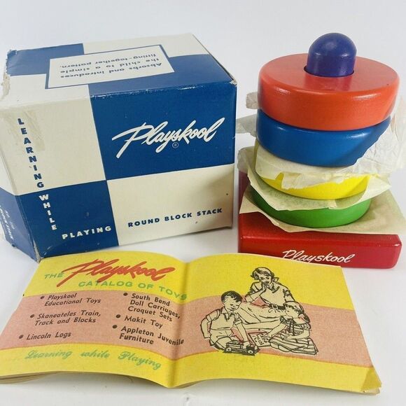 Playskool Wood Stacking Rings Round Color Blocks w/ Catalog VTG New In Box 1950s - Picture 1 of 13